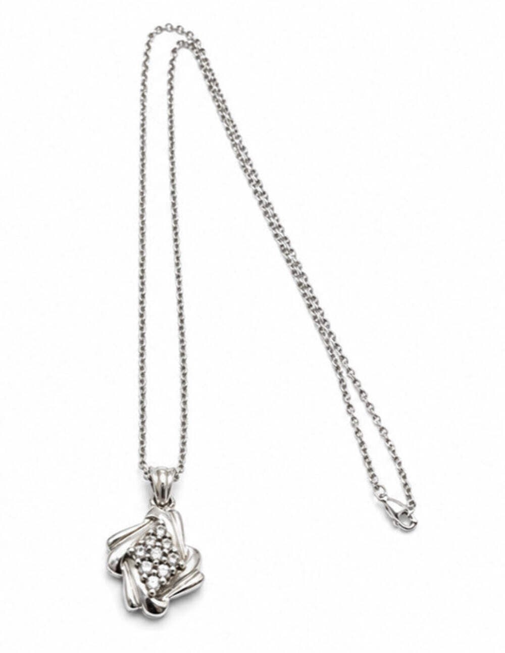 Silver Necklace Pendant Cubic Zirconia Stones Prong Setting 46cm Long