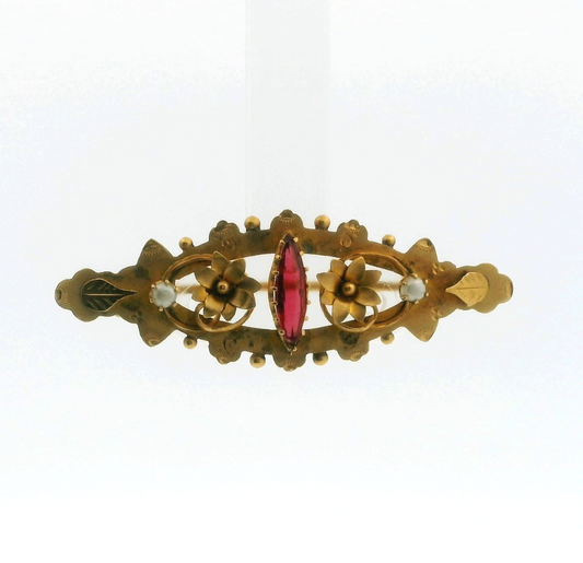 9ct Yellow Gold Brooch Tourmaline and Pearl Stones Hallmarked Size 44mm x 16mm