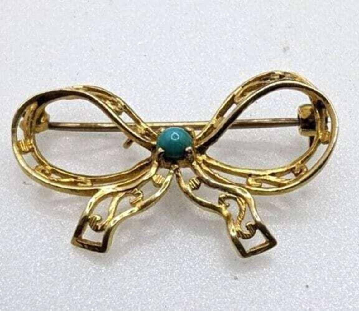 9ct Yellow Gold Bow Brooch Turquoise Stone Gold Stamped Hallmarked