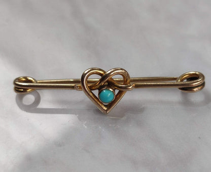 9ct Yellow Gold Heart Brooch Turquoise Stone Hallmarked Size 43mm x 10mm