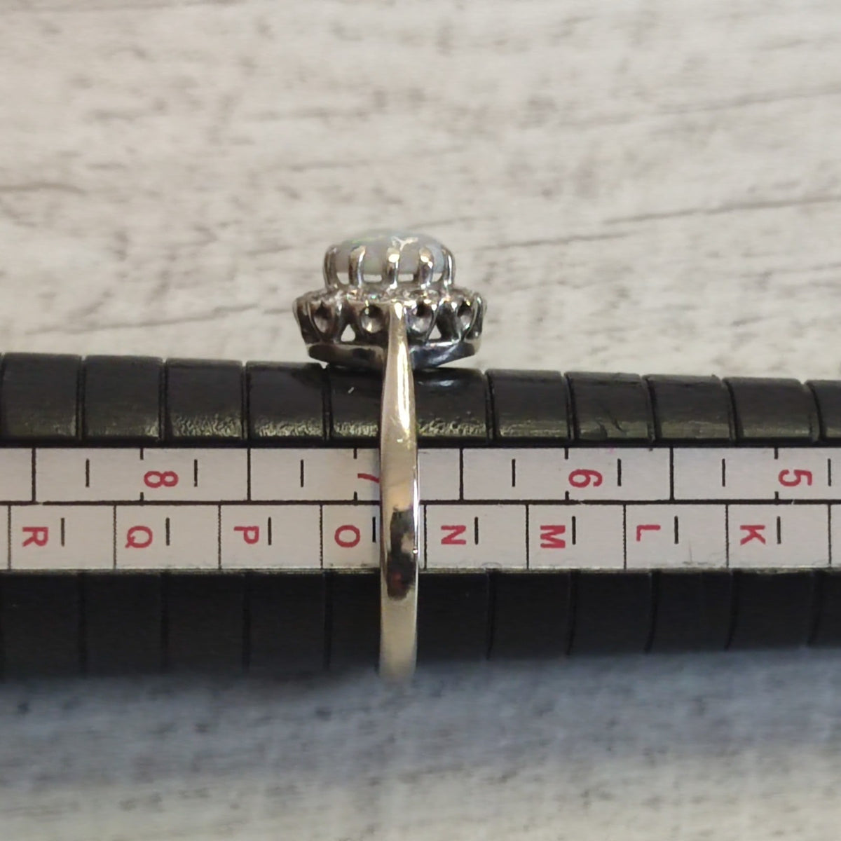 18ct White Gold Ring Opal and Diamond 1972 Hallmark Size N Vintage