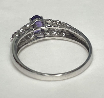 9ct White Gold Ring Amethyst and Diamond Solid Band Hallmark Size S