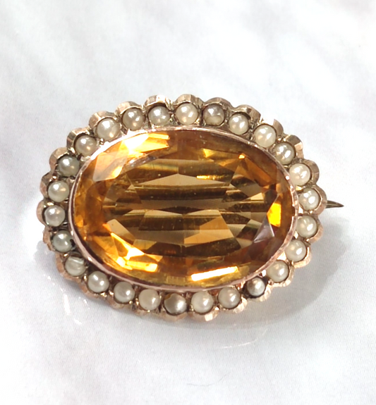 9ct Yellow Gold Brooch Citrine Pearl Stones Hallmarked Size 22mm x 18mm