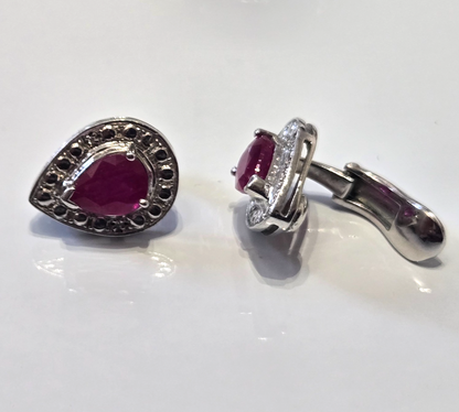 925 Sterling Silver Ruby Diamond Clip On Earrings Stamped Cluster Red July 5.6g