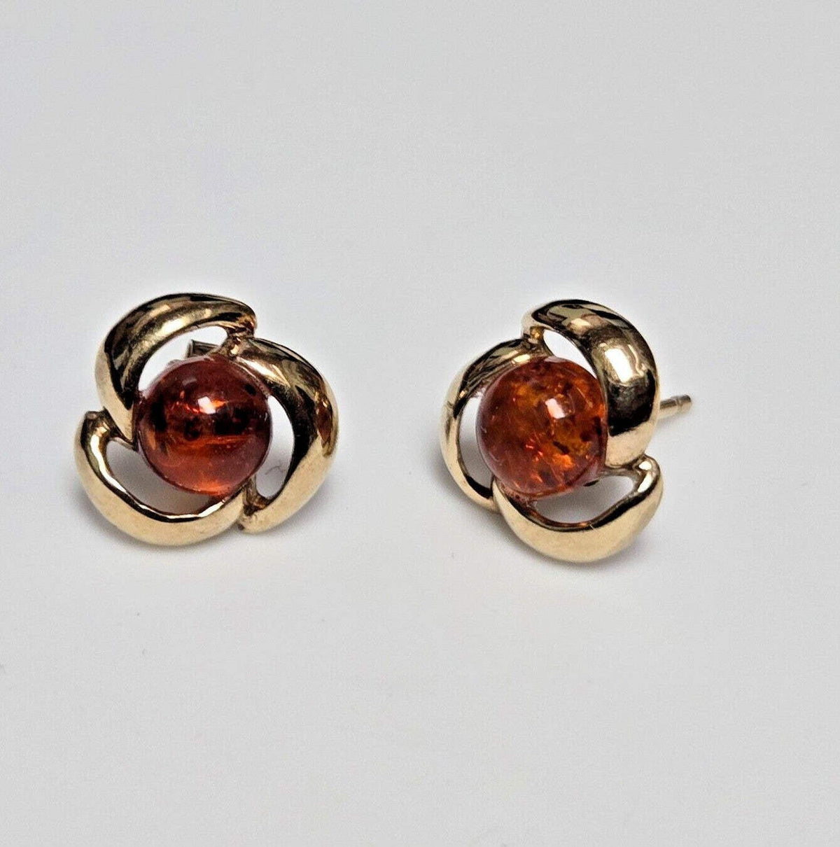 Vintage Amber Stud Earrings 9ct Yellow Gold 13.5mm x 9.1mm Orange Stones