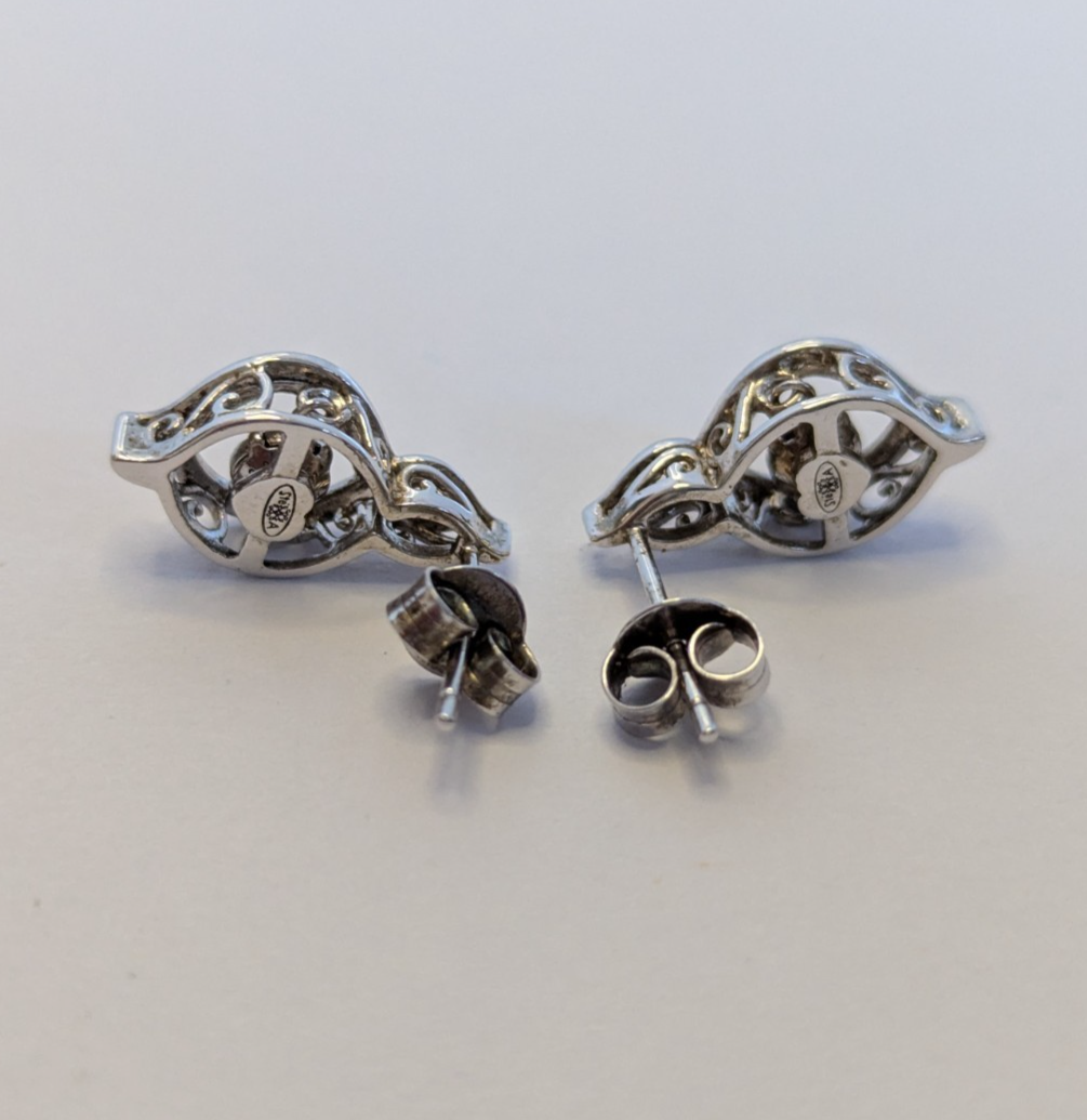 Vintage Silver Diamond Stud Earrings Butterflies Floral Design 925 Stamped  2g