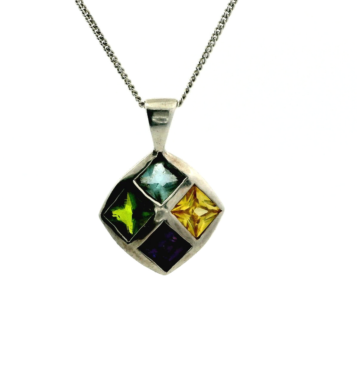 Silver Necklace Multi Coloured Crystals 925 Stamped Chain 40cm Long 2.8g