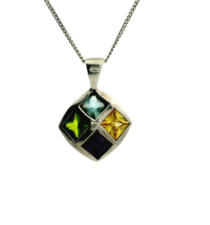 Silver Necklace Multi Coloured Crystals 925 Stamped Chain 40cm Long 2.8g