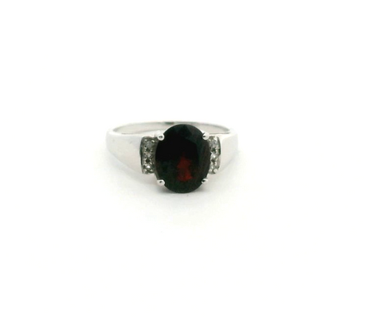 9ct White Gold Ring Garnet Diamond Solid Band Hallmark Size N 1/2 4.3g