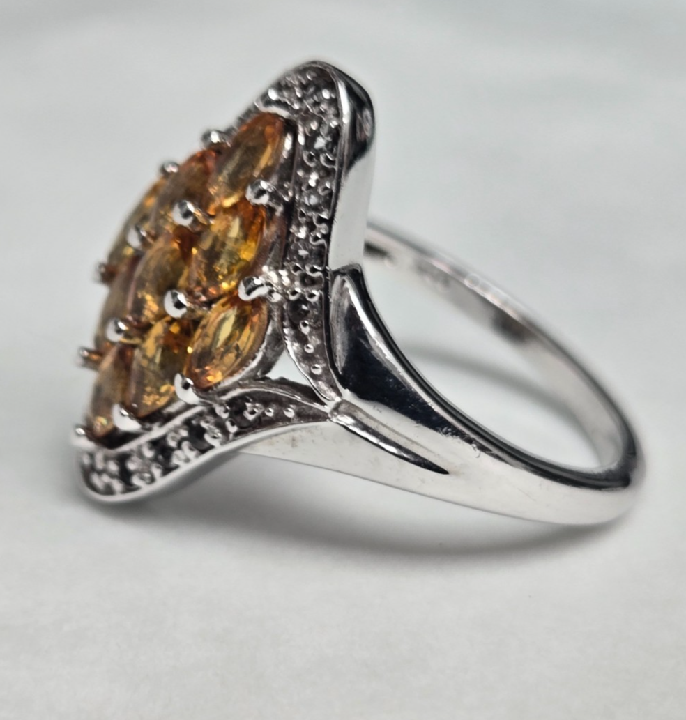 925 Sterling Silver Sapphire Topaz Ring Size R 1/2 Stamped Cluster Sept 5.7g