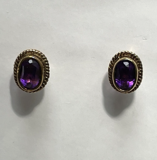 Amethyst Stud Earrings 9ct Yellow Gold Butterfly Backs Hallmarked Purple Stones