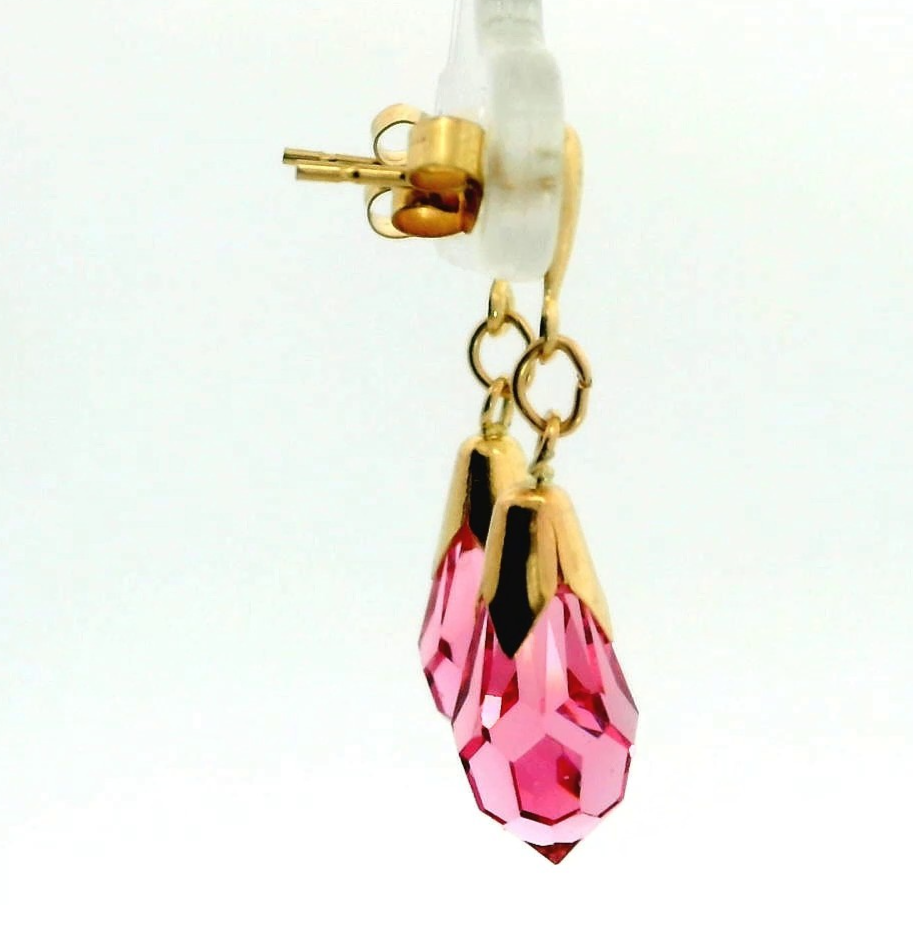 9ct Yellow Gold Dangle Drop Earrings Pink Crystal Stones Hallmarked 1.7g