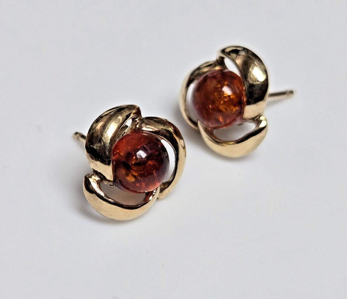 Vintage Amber Stud Earrings 9ct Yellow Gold 13.5mm x 9.1mm Orange Stones