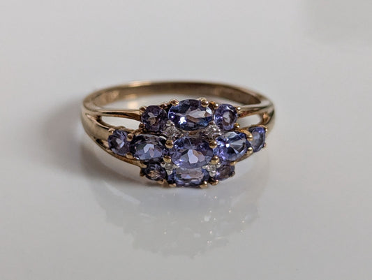9ct Gold Ring Tanzanite and Diamond Solid Band Hallmark Size N 1/2