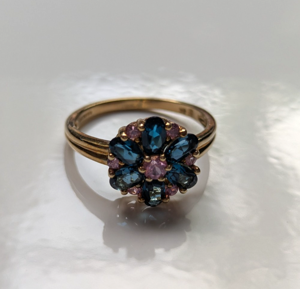 9ct Gold Blue Pink Sapphire Ring Size R Hallmarked 375 September 4.8g