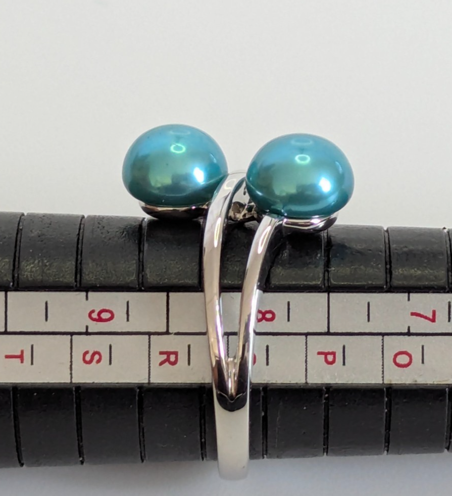 Silver Statement Ring Pearl Stones 925 Stamped Size P 1/2 Two Stone Setting 4.8g