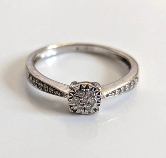 9ct White Gold Engagement Ring Diamond Stones Solid Band Hallmark Size O 1/2
