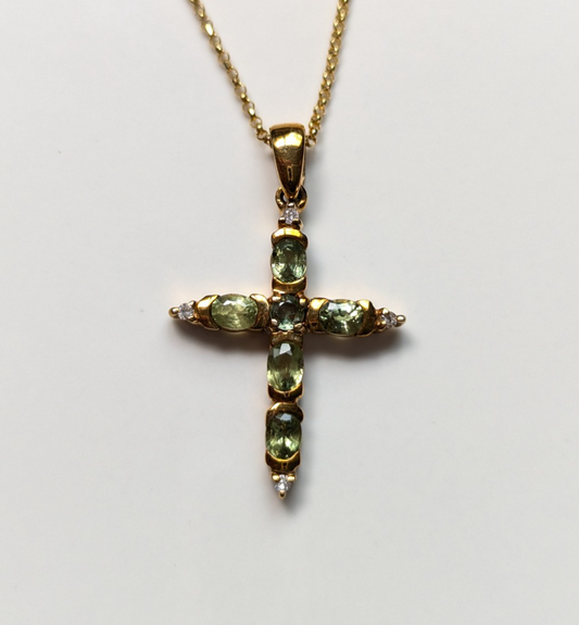 9ct Yellow Gold Cross Pendant Sapphire Diamond 10x Stones Hallmark 2.1g