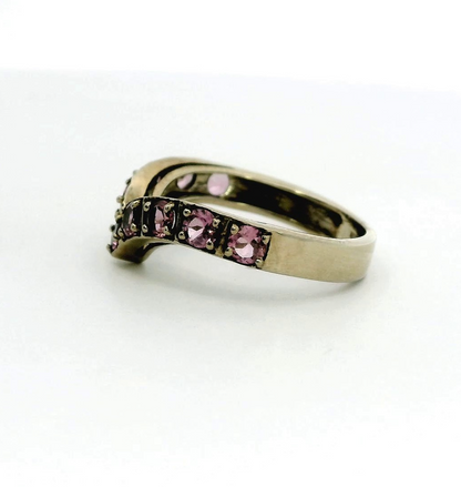 9ct White Gold Pink CZ Wishbone Ring Size N Hallmarked 375 V Shape Eternity 3g