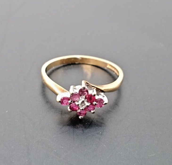 9ct Gold Ring Ruby and Diamond Cluster Hallmark Size N 2.1g