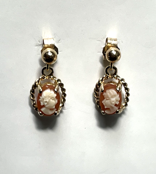 9ct Yellow Gold Dangle Cameo Earrings White Shell 14mm Drop Length