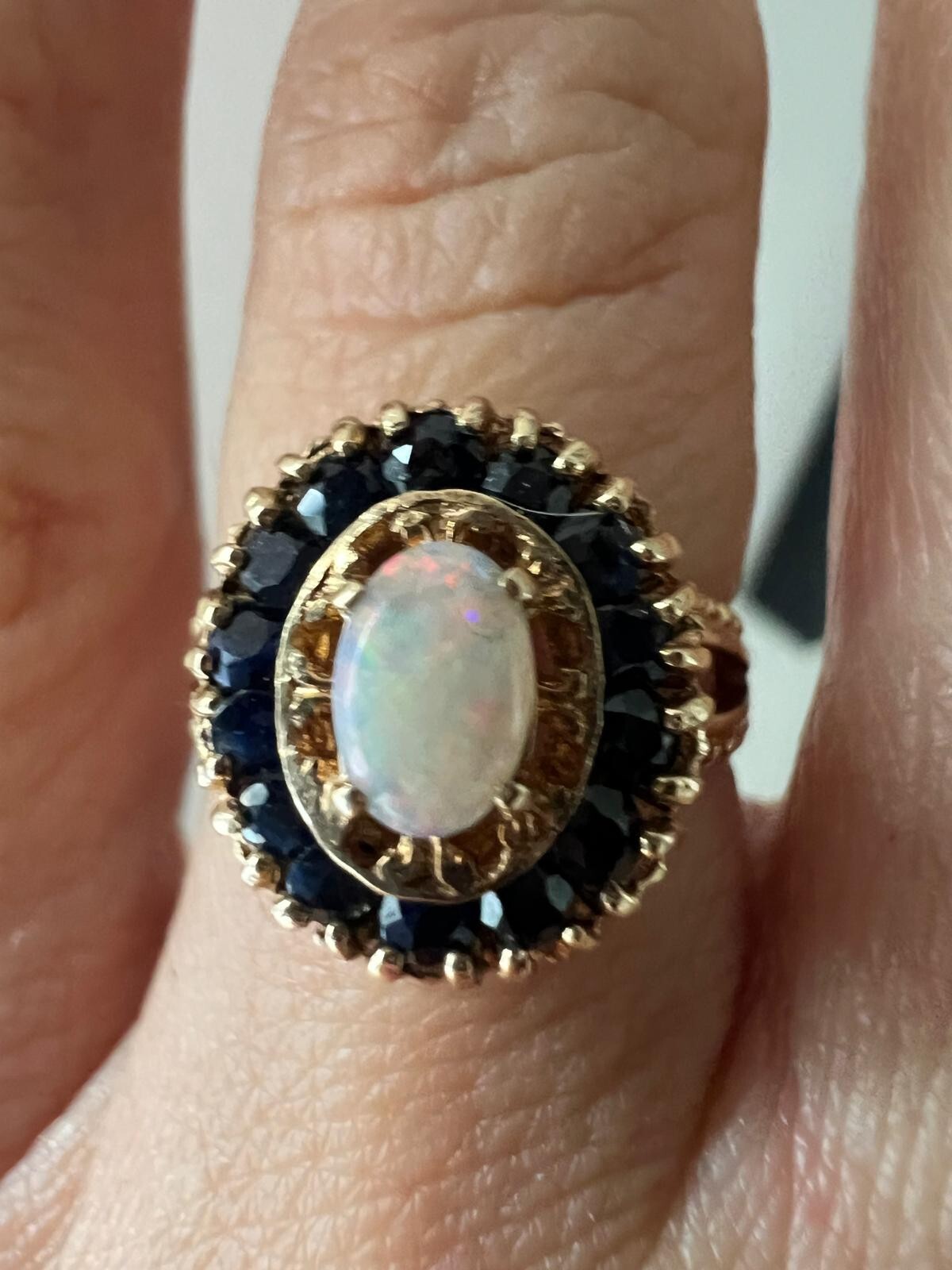 9ct Gold Ring Opal and Sapphire Solid Band Hallmark Size K