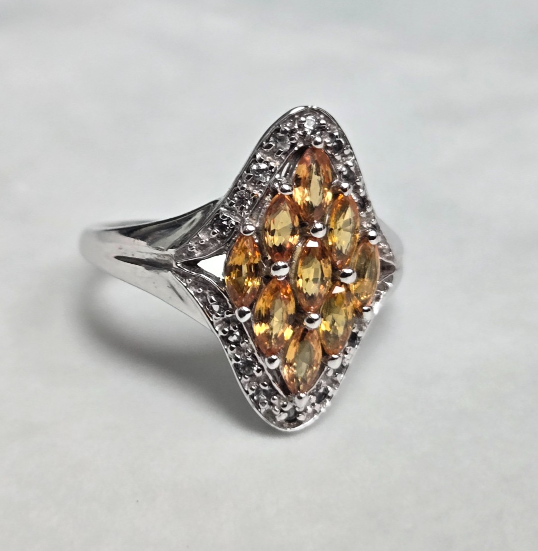 925 Sterling Silver Sapphire Topaz Ring Size R 1/2 Stamped Cluster Sept 5.7g
