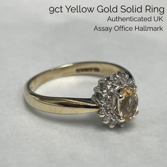 9ct Gold Ring Citrine and Diamonds Hallmarked Size L 1/2