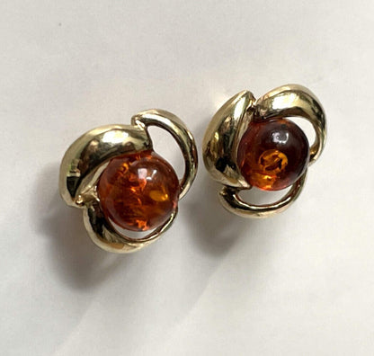 Vintage Amber Stud Earrings 9ct Yellow Gold 13.5mm x 9.1mm Orange Stones