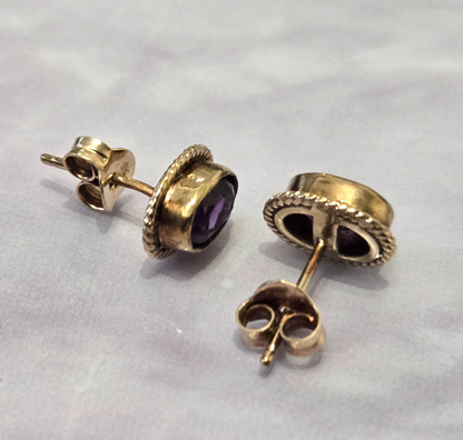 Amethyst Stud Earrings 9ct Yellow Gold Butterfly Backs Hallmarked Purple Stones