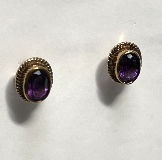 Amethyst Stud Earrings 9ct Yellow Gold Butterfly Backs Hallmarked Purple Stones