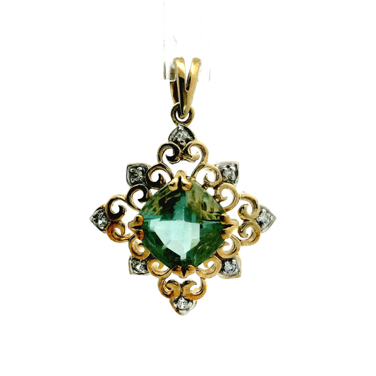 9ct Yellow Gold Ornate Pendant Tourmaline Diamond Stones 375 Stamped 4.9g