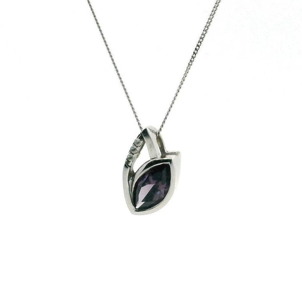 9ct White Gold Pendant Necklace Amethyst & Diamond Stones Hallmarked 49cm Long