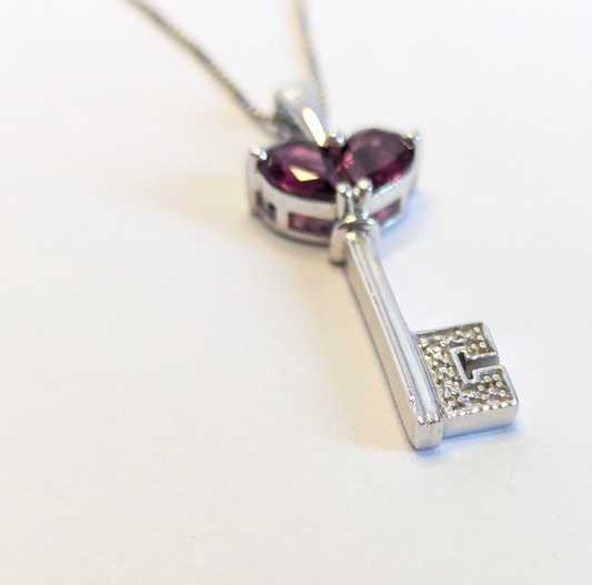 925 Sterling Silver Ruby Key Pendant Necklace Stamped Chain July Birthday 46cm