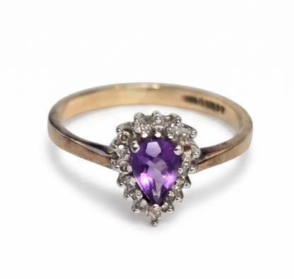 9ct Gold Amethyst Diamond Ring Size O Hallmark 375 Pear Teardrop Cluster
