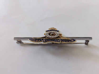 14ct Yellow Gold Tank Regiment Bar Brooch Enameled and Diamonds