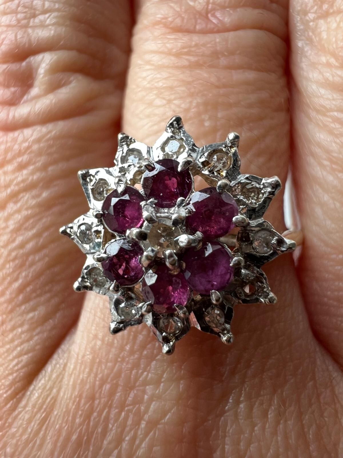 9ct Gold Ring Ruby & Diamond Cluster Hallmark Size N 1/2