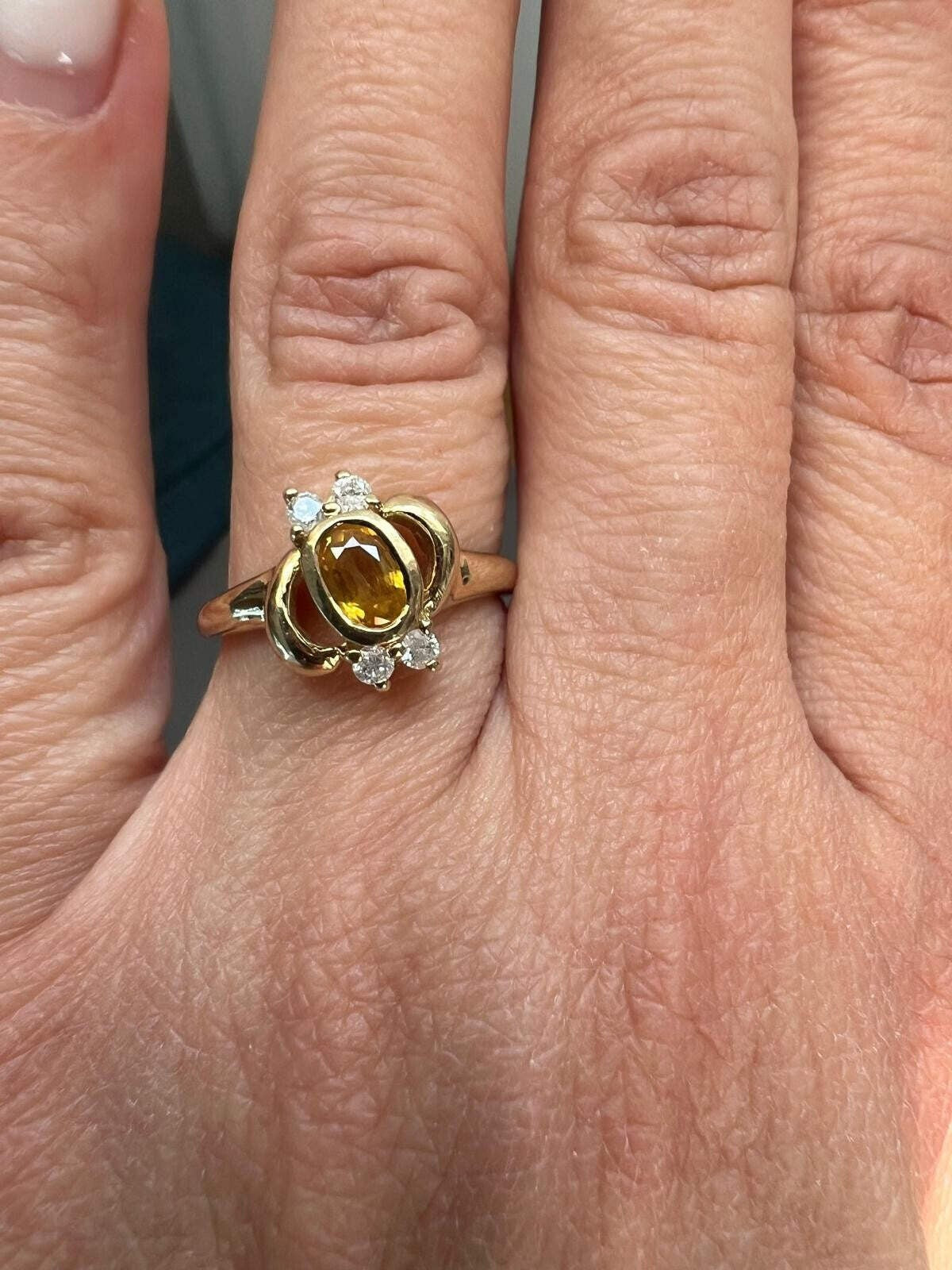 9ct Gold Ring Citrine Diamond Stones Size N 1/2 Hallmarked 375 2.6g