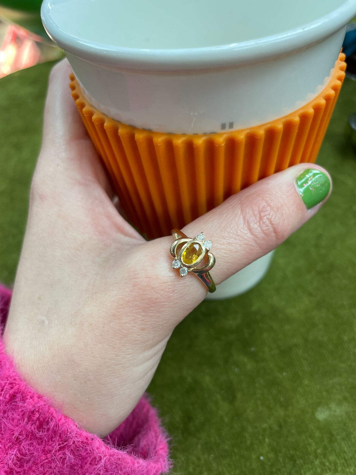 9ct Gold Ring Citrine Diamond Stones Size N 1/2 Hallmarked 375 2.6g