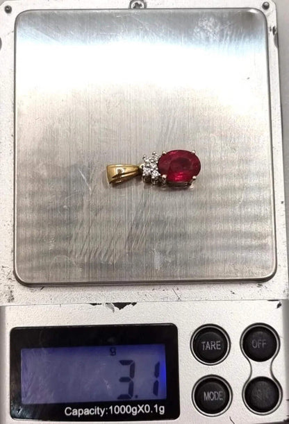 14ct Yellow Gold Necklace Pendant Rubellite and Diamond Stones Size 24mm x 8mm