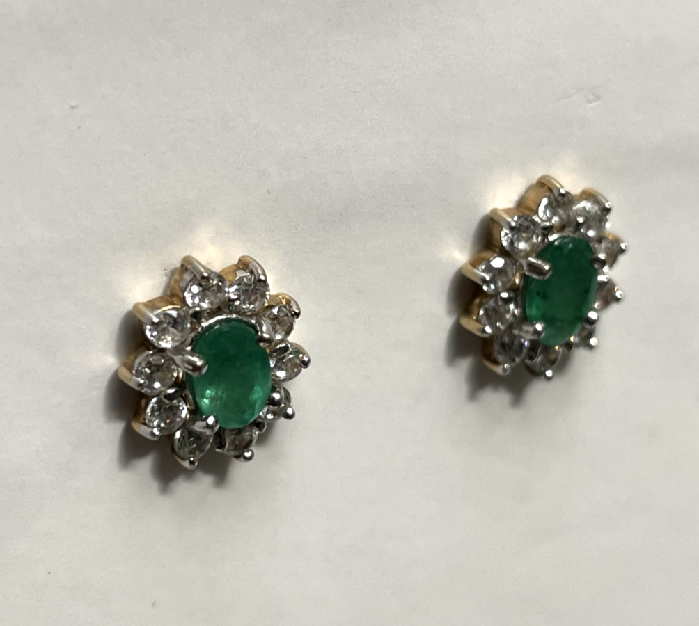 9ct Gold Stud Earrings Emerald Stones Halo Setting 11mm x 9mm 2g