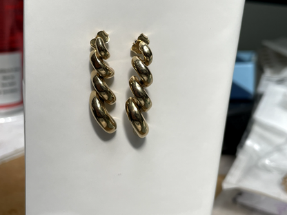 9ct Yellow Gold Spiral Dangle Earrings Hollow Full UK Hallmarked 30mm Long