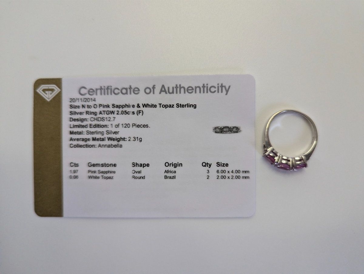 Silver Ring Sapphire Topaz 925 Stamped Size N Certificate 2.8g