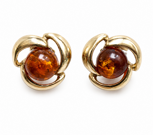 Vintage 9ct Gold Stud Earrings Baltic Amber Stones 13.5mm x 9.1mm 375 Stamped