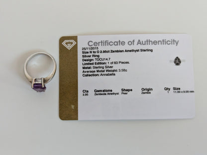 Silver Ring Amethyst 925 Stamped Size N Certificate 6g February Birthstone