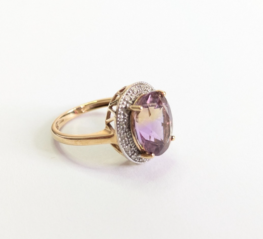 9ct Gold Ring Amethyst and Diamond Oval Cut Size K Hallmarked 4g