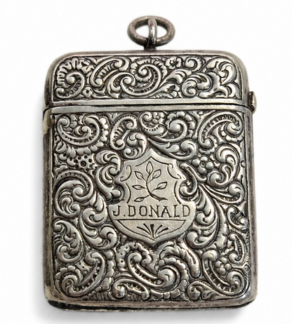 Antique Silver Plated Vesta Case Engraved Scroll Monogram Match Safe Pocket Stri