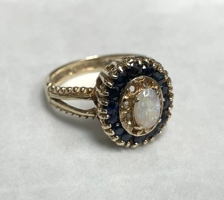 9ct Gold Ring Opal and Sapphire Solid Band Hallmark Size K