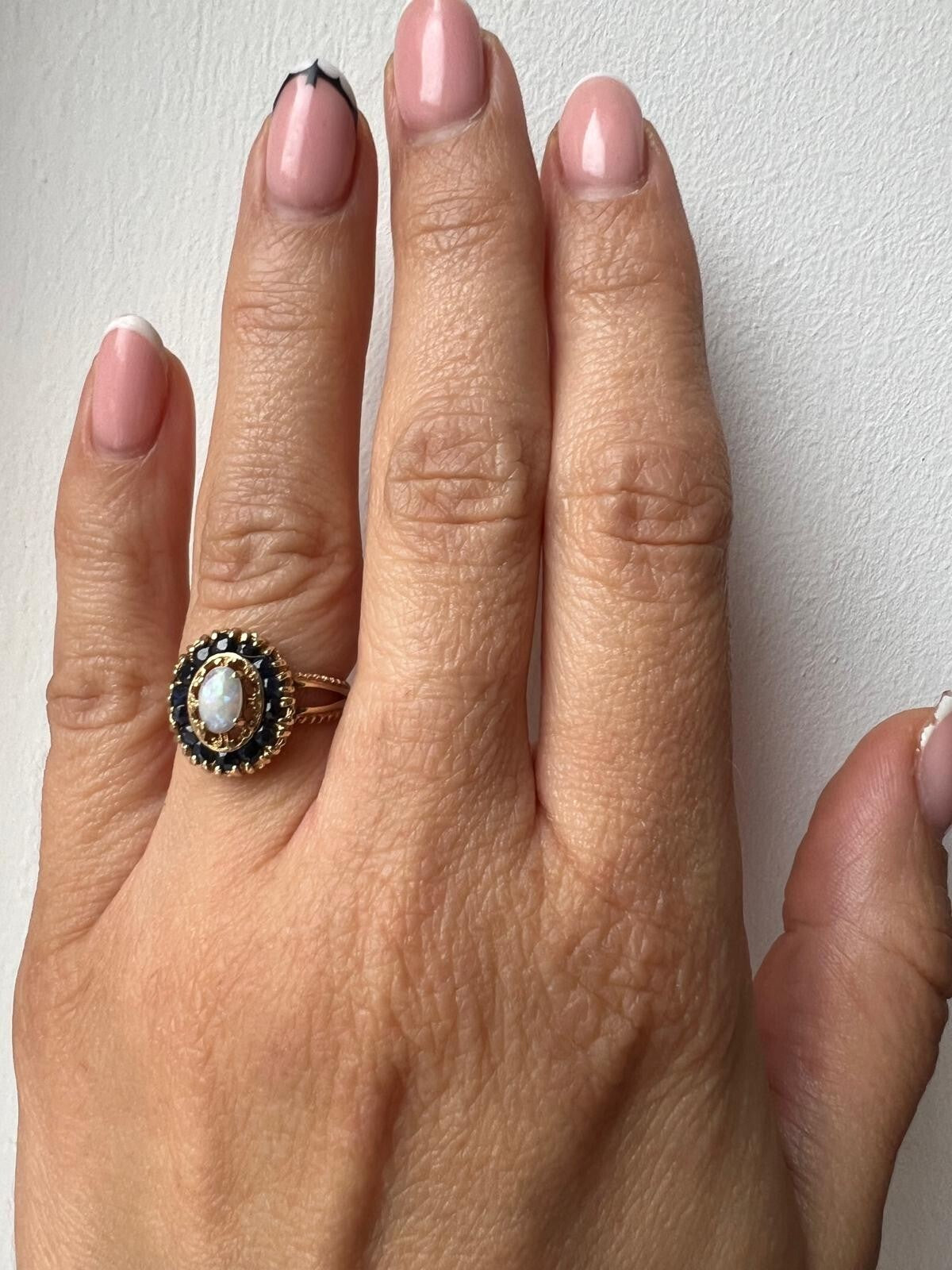 9ct Gold Ring Opal and Sapphire Solid Band Hallmark Size K