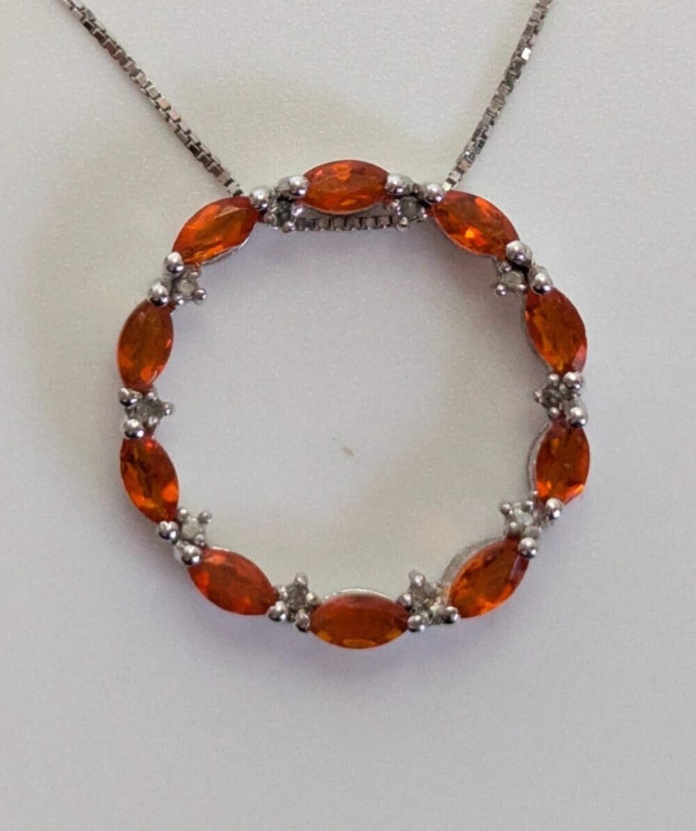 Silver Necklace Fire Opal Diamond Stones 925 Stamped 48cm Long 3.3g